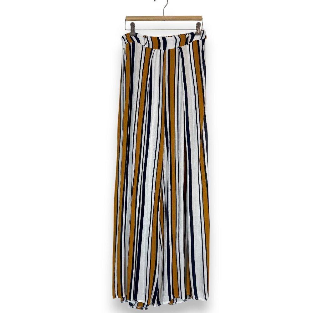 Selfie Leslie Striped Wide Leg Pants Blue White Front Slit Small
